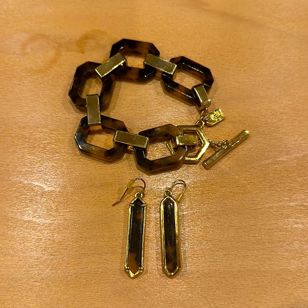 Ralph Lauren Tortoise Shell & Gold Link Chain Bracelet and Earrings